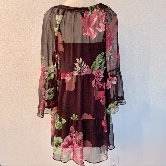 EXPRESS Brown Hibiscus Flower Floral Print Babydoll Chiffon Dress - Picture 3 of 11